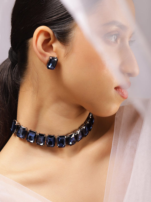 Rubans Rhodium-Plated Blue Crystal Cubic Zirconia Studded Statement Choker Jewelry Set Jewellery Set