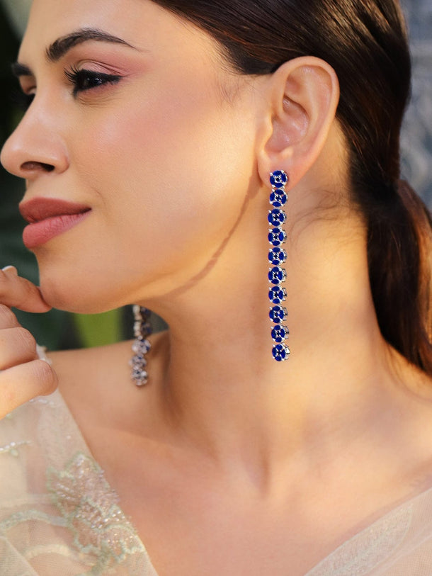 Rubans Rhodium-Plated Blue Cubic Zirconia Studded Drop Earrings Earrings