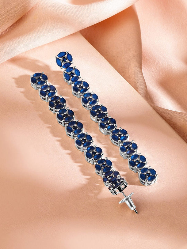 Rubans Rhodium-Plated Blue Cubic Zirconia Studded Drop Earrings Earrings
