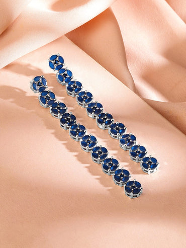 Rubans Rhodium-Plated Blue Cubic Zirconia Studded Drop Earrings Earrings