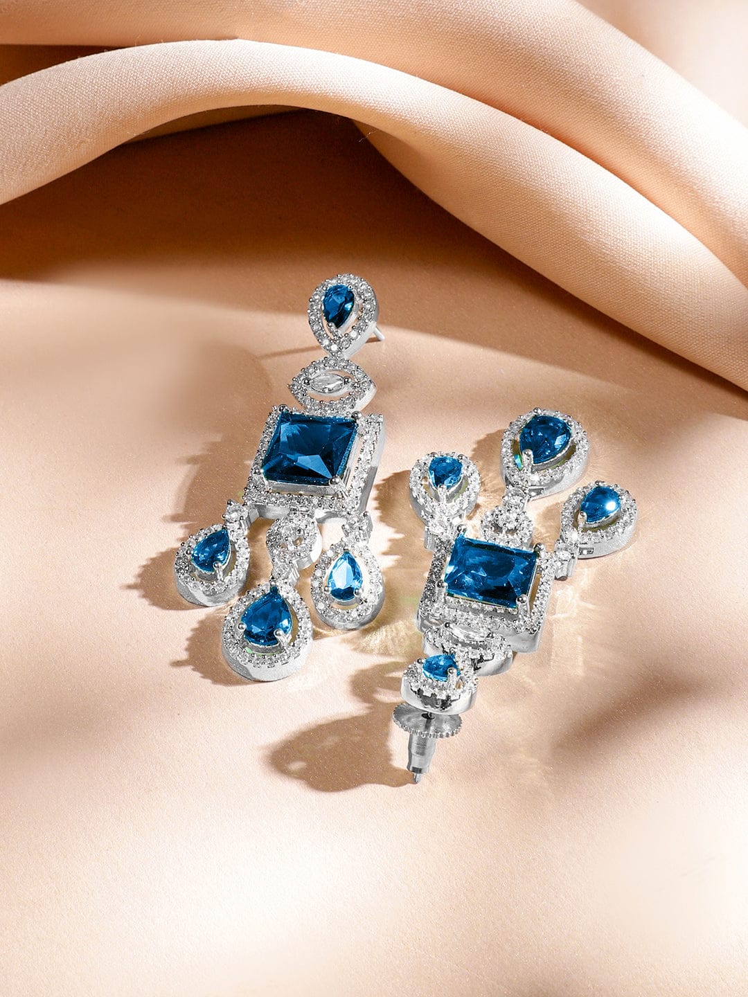 Rubans Rhodium-Plated Blue Sapphire & AAA Cubic Zirconia Luxe Statement Jewellery Set in Silver Tone for Women Jewellery Set