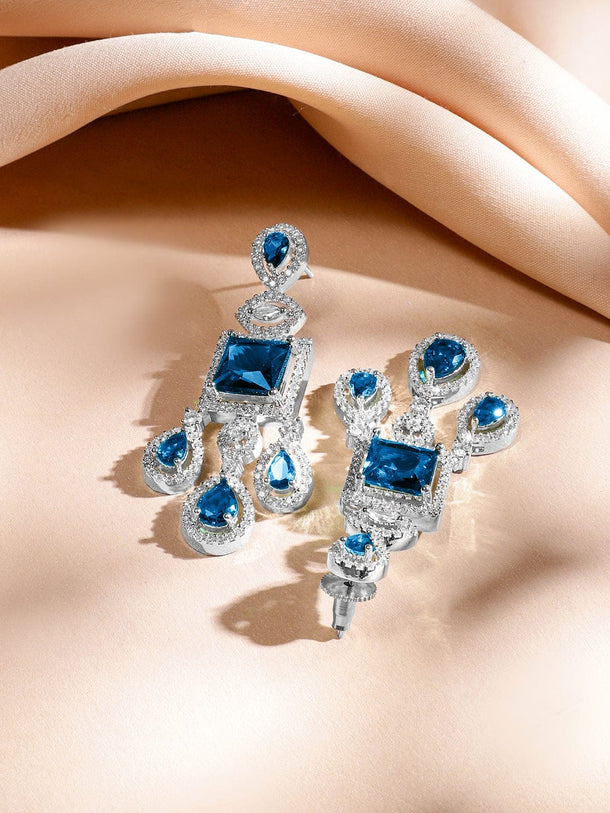 Rubans Rhodium-Plated Blue Sapphire & AAA Cubic Zirconia Luxe Statement Jewellery Set in Silver Tone for Women Jewellery Set