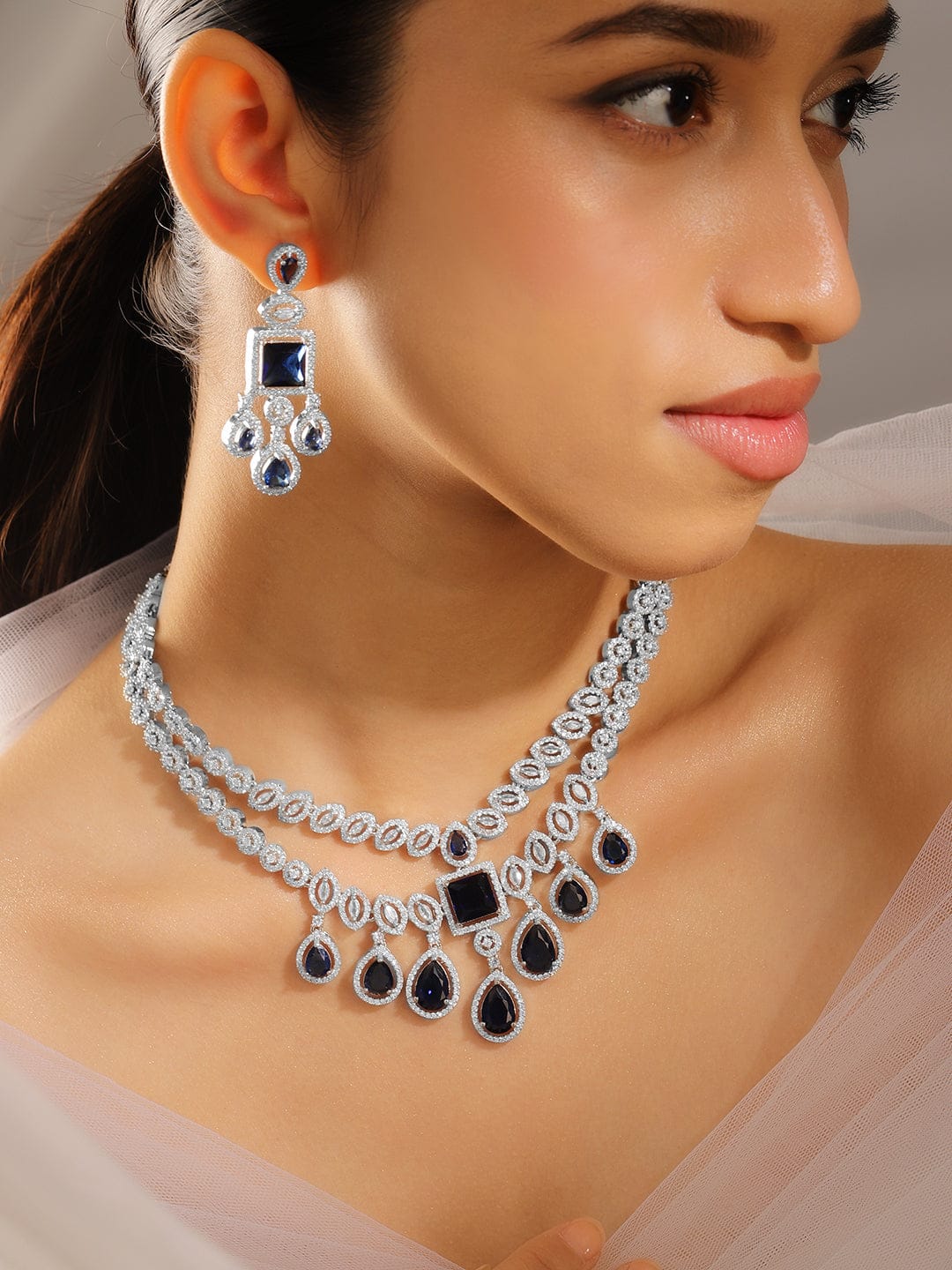 Rubans Rhodium-Plated Blue Sapphire & AAA Cubic Zirconia Luxe Statement Jewellery Set in Silver Tone for Women Jewellery Set