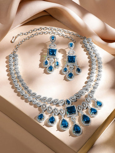 Rubans Rhodium-Plated Blue Sapphire & AAA Cubic Zirconia Luxe Statement Jewellery Set in Silver Tone for Women Jewellery Set