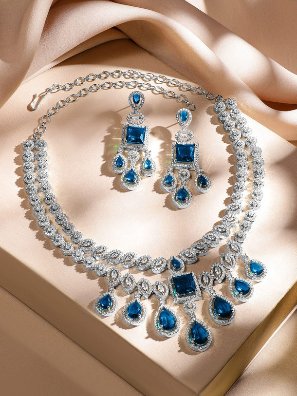 Rubans Rhodium-Plated Blue Sapphire & AAA Cubic Zirconia Luxe Statement Jewellery Set in Silver Tone for Women Jewellery Set