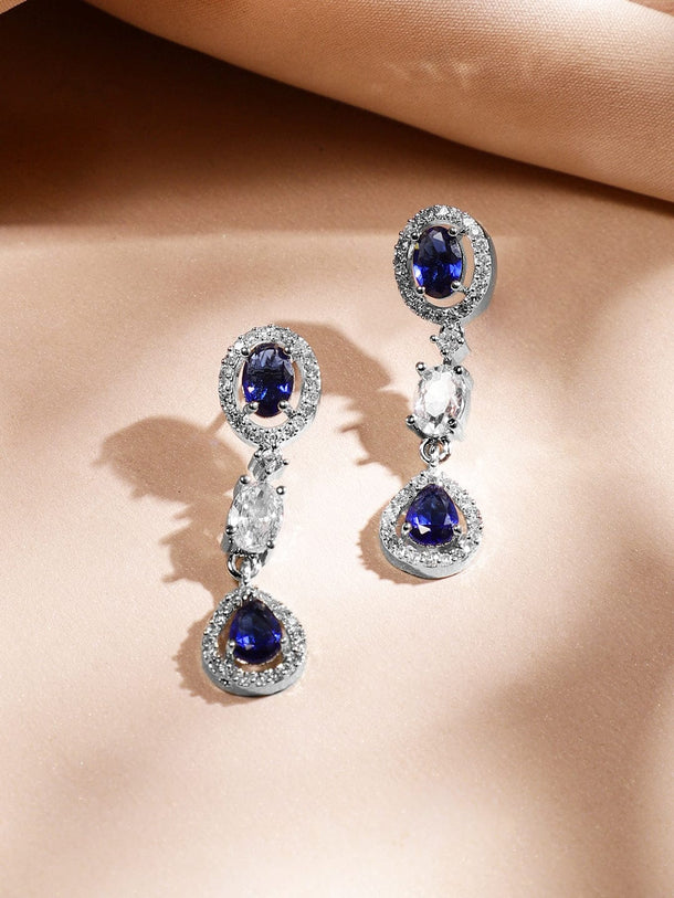 Rubans Rhodium-Plated Blue Sapphire & AAA Cubic Zirconia Studded Halo & Teardrop Design Luxe Necklace Set in Silver Tone for Women Jewellery Set