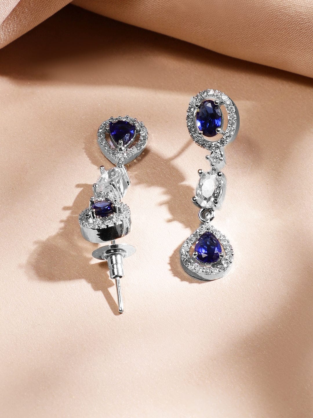 Rubans Rhodium-Plated Blue Sapphire & AAA Cubic Zirconia Studded Halo & Teardrop Design Luxe Necklace Set in Silver Tone for Women Jewellery Set