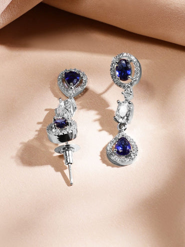 Rubans Rhodium-Plated Blue Sapphire & AAA Cubic Zirconia Studded Halo & Teardrop Design Luxe Necklace Set in Silver Tone for Women Jewellery Set