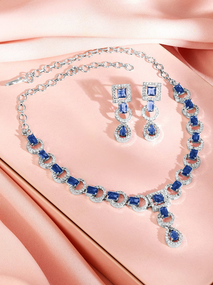 Rubans Rhodium-Plated Blue Sapphire AD & Cubic Zirconia Studded Necklace Set Jewellery Set