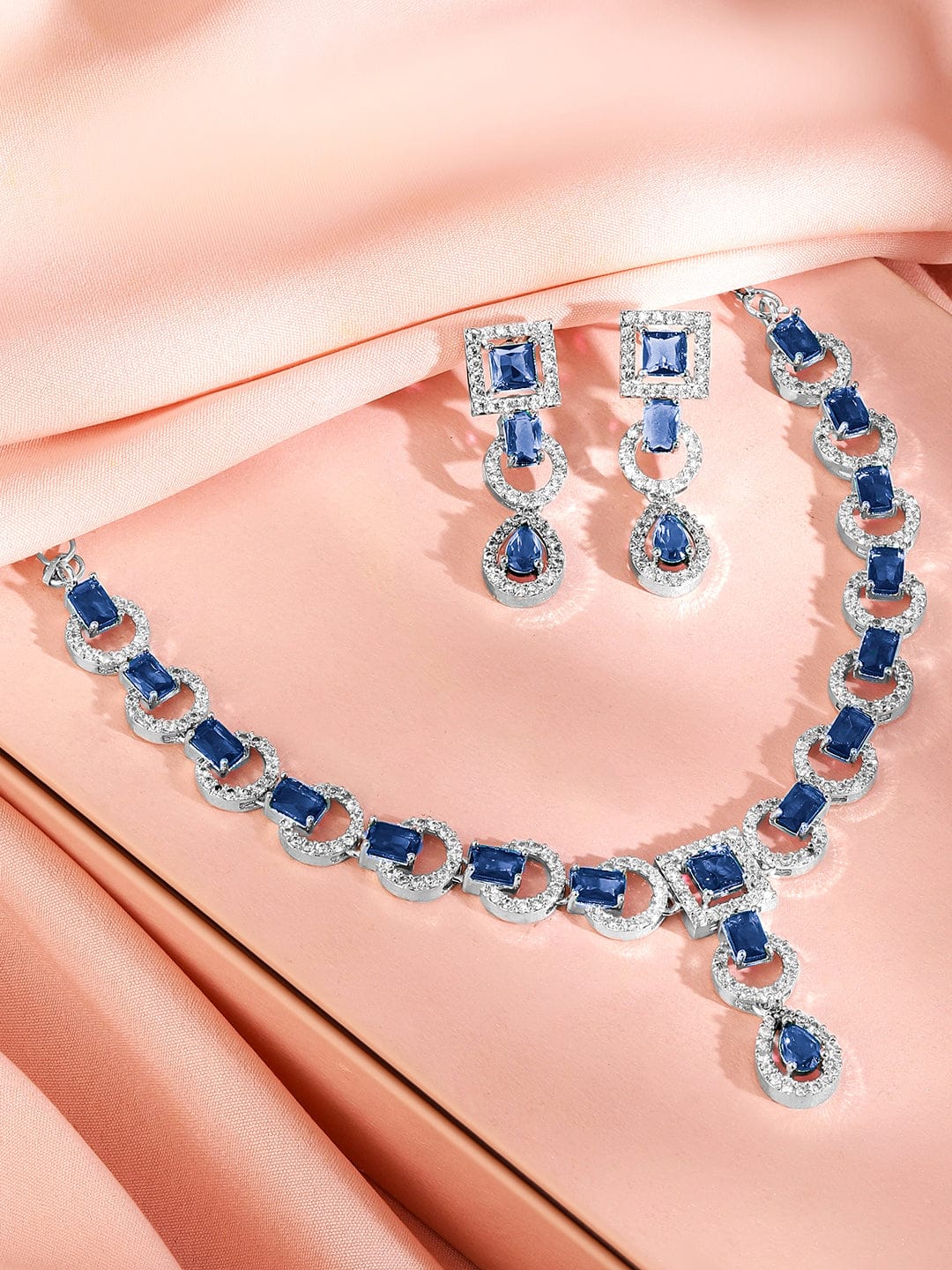 Rubans Rhodium-Plated Blue Sapphire AD & Cubic Zirconia Studded Necklace Set Jewellery Set