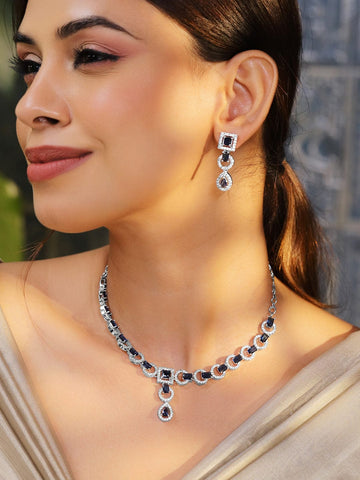 Rubans Rhodium-Plated Blue Sapphire AD & Cubic Zirconia Studded Necklace Set Necklace Set