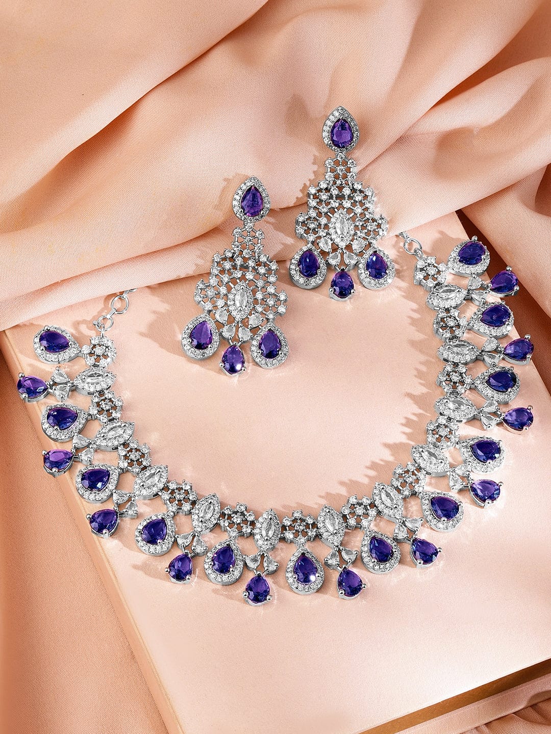 Rubans Rhodium-Plated Blue Sapphire & Amethyst Purple CubicZirconia Statement Necklace Set Jewellery Set