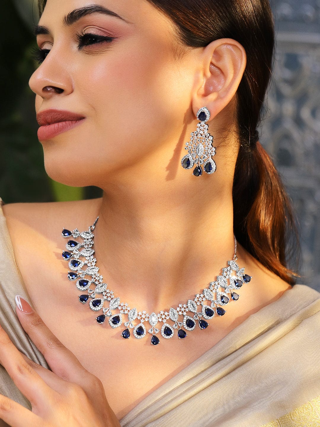 Rubans Rhodium-Plated Blue Sapphire & Amethyst Purple CubicZirconia Statement Necklace Set Necklace Set