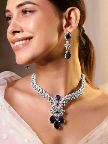 Rubans Rhodium Plated Blue Sapphire and Cubic Zirconia Studded Premium Jewellery Set Jewellery Set
