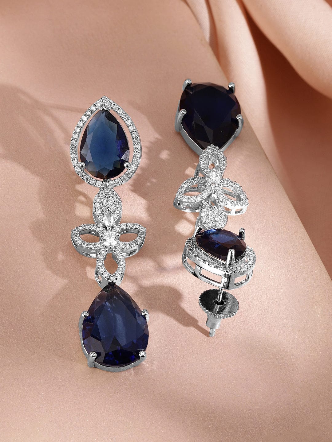 Rubans Rhodium Plated Blue Sapphire and Cubic Zirconia Studded Premium Jewellery Set Jewellery Set
