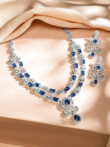 Rubans Rhodium-Plated Blue Sapphire and White Baguette-Cut Cubic Zirconia Studded Luxe Double-Layer Luxe Statement Necklace Set Jewellery Set