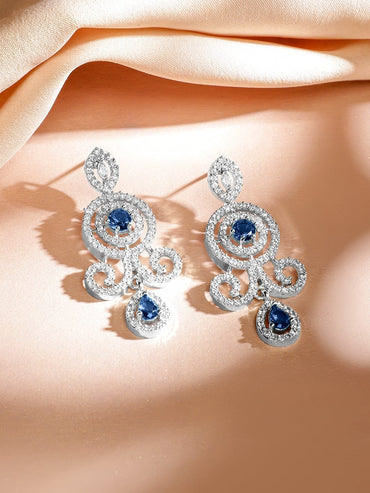 Rubans Rhodium-Plated Blue Sapphire and White Baguette-Cut Cubic Zirconia Studded Luxe Double-Layer Luxe Statement Necklace Set Jewellery Set