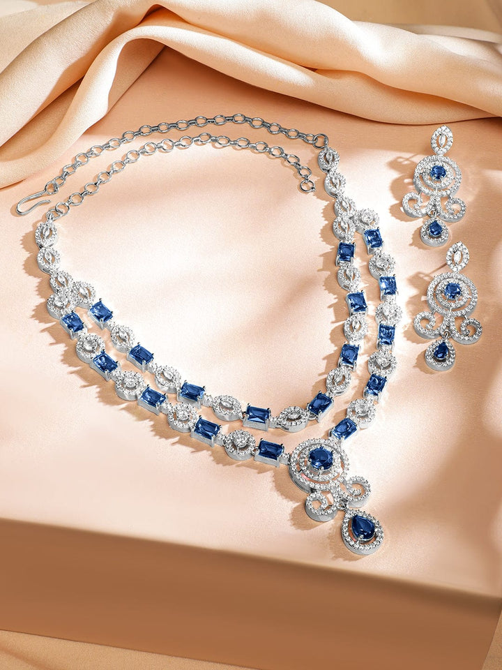 Rubans Rhodium-Plated Blue Sapphire and White Baguette-Cut Cubic Zirconia Studded Luxe Double-Layer Luxe Statement Necklace Set Jewellery Set