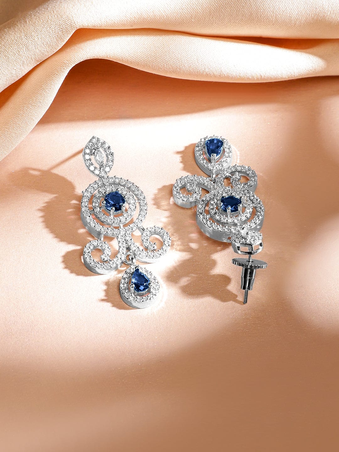 Rubans Rhodium-Plated Blue Sapphire and White Baguette-Cut Cubic Zirconia Studded Luxe Double-Layer Luxe Statement Necklace Set Jewellery Set