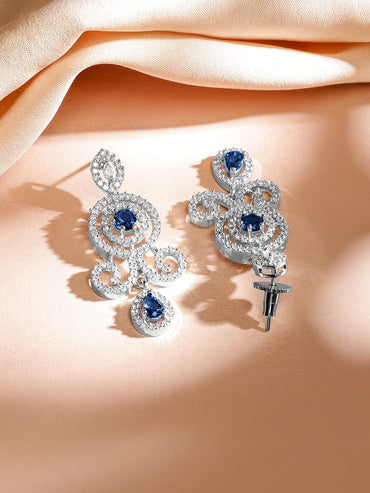 Rubans Rhodium-Plated Blue Sapphire and White Baguette-Cut Cubic Zirconia Studded Luxe Double-Layer Luxe Statement Necklace Set Jewellery Set