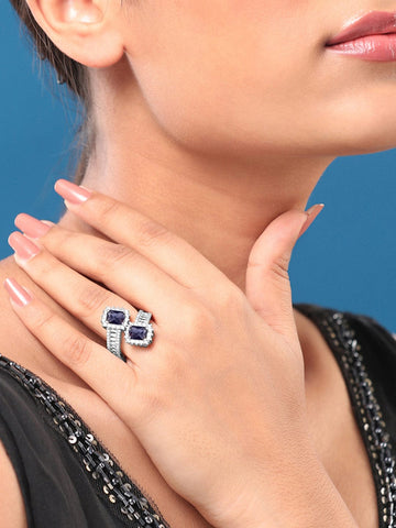 Rubans Rhodium-Plated Blue Sapphire & Cubic Zirconia Studded Adjustable Finger Rings