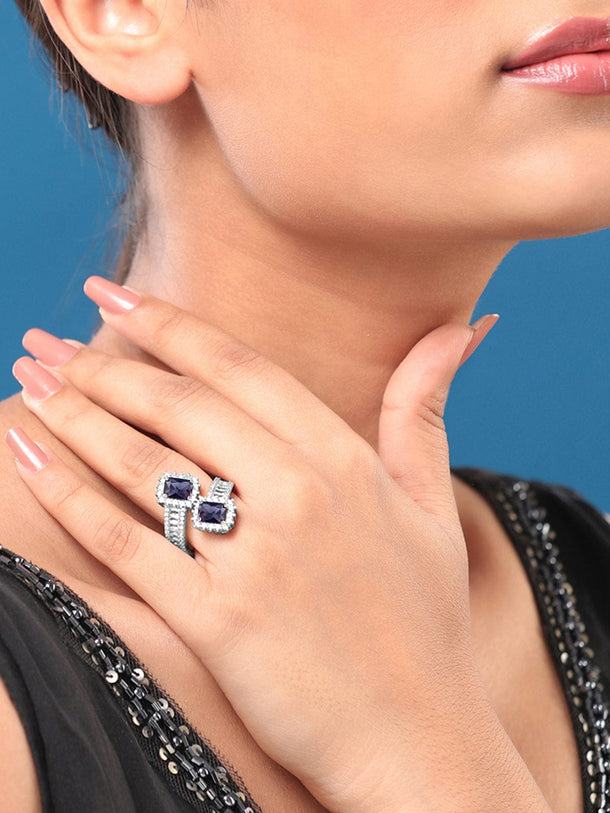 Rubans Rhodium-Plated Blue Sapphire & Cubic Zirconia Studded Adjustable Finger Rings
