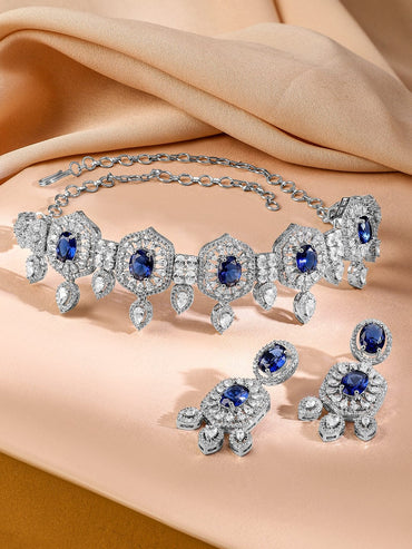 Rubans Rhodium-Plated Blue Sapphire & Cubic Zirconia Studded Choker Jewellery Set for Women Jewellery Set