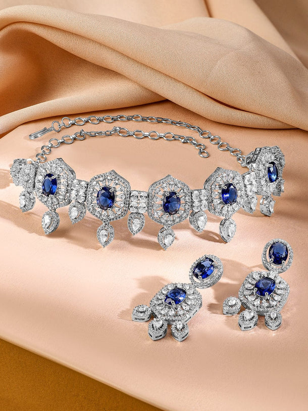 Rubans Rhodium-Plated Blue Sapphire & Cubic Zirconia Studded Choker Jewellery Set for Women Jewellery Set