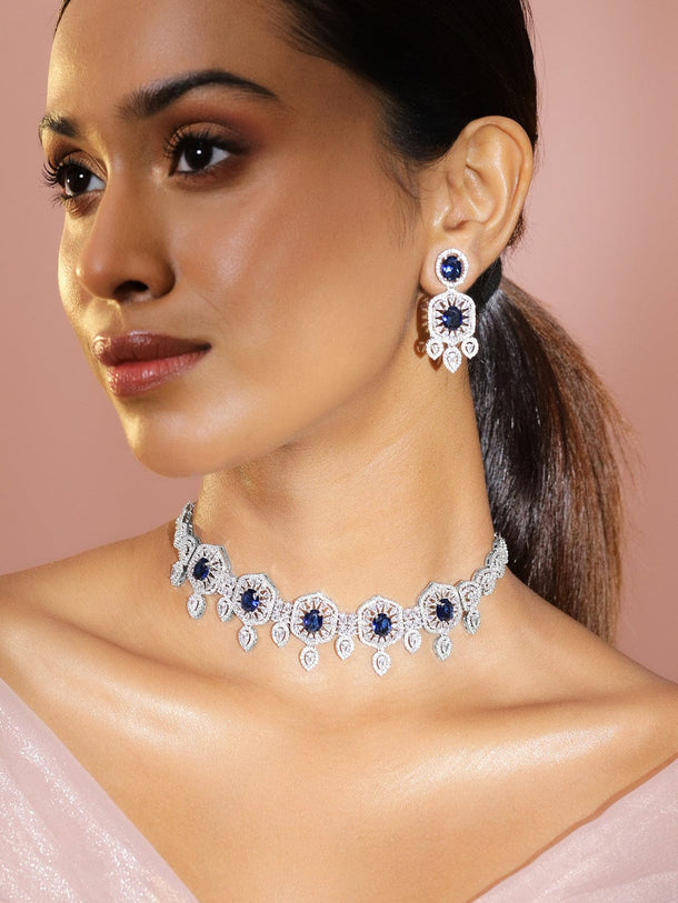 Rubans Rhodium-Plated Blue Sapphire & Cubic Zirconia Studded Choker Jewellery Set for Women Necklace Set