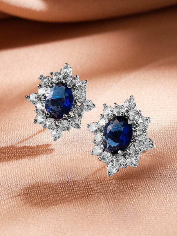 Rubans Rhodium-Plated Blue Sapphire & Cubic Zirconia Studded Floral Stud Earrings Earrings