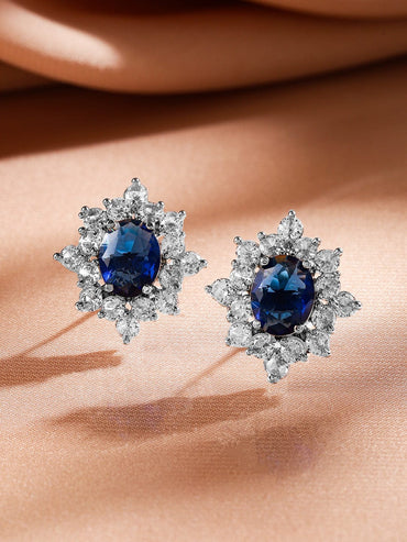 Rubans Rhodium-Plated Blue Sapphire & Cubic Zirconia Studded Floral Stud Earrings Earrings