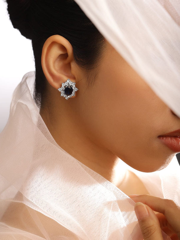 Rubans Rhodium-Plated Blue Sapphire & Cubic Zirconia Studded Floral Stud Earrings Earrings