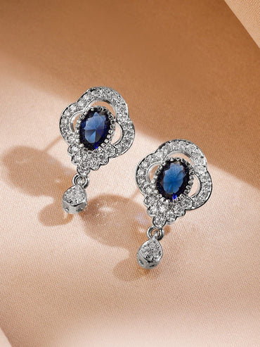 Rubans Rhodium-Plated Blue Sapphire & Cubic Zirconia Studded Oval Statement Pendant Necklace Set Jewellery Set