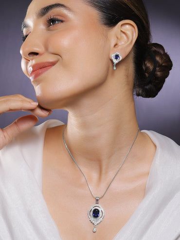 Rubans Rhodium-Plated Blue Sapphire & Cubic Zirconia Studded Oval Statement Pendant Necklace Set Jewellery Set