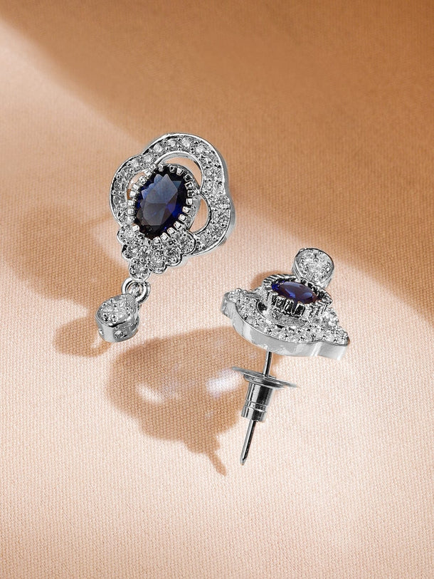 Rubans Rhodium-Plated Blue Sapphire & Cubic Zirconia Studded Oval Statement Pendant Necklace Set Jewellery Set