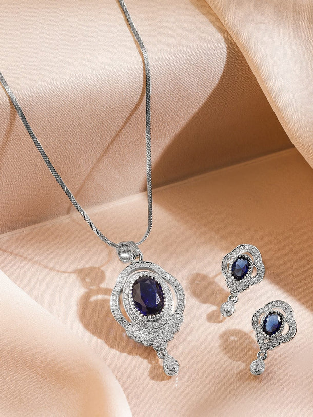 Rubans Rhodium-Plated Blue Sapphire & Cubic Zirconia Studded Oval Statement Pendant Necklace Set Pendant Set