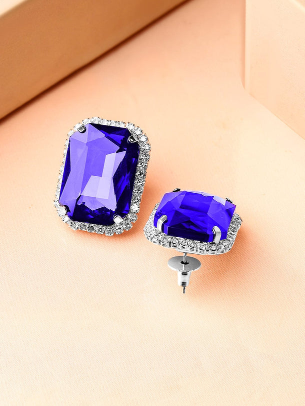 Rubans Rhodium-Plated Blue Sapphire & Cubic Zirconia Studded Statement Studs Earrings Earrings