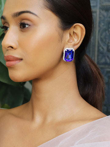 Rubans Rhodium-Plated Blue Sapphire & Cubic Zirconia Studded Statement Studs Earrings Earrings