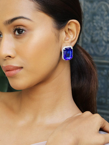 Rubans Rhodium-Plated Blue Sapphire & Cubic Zirconia Studded Statement Studs Earrings Earrings