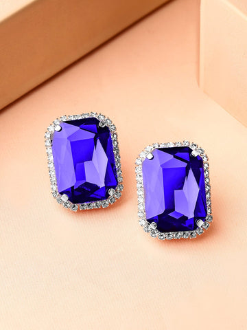 Rubans Rhodium-Plated Blue Sapphire & Cubic Zirconia Studded Statement Studs Earrings Earrings