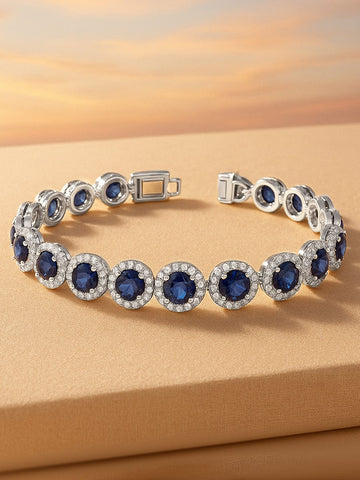 Rubans Rhodium-Plated Blue Sapphire & Cubic Zirconia Studded Tennis Bracelet Bangles & Bracelet