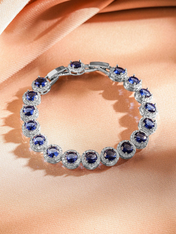 Rubans Rhodium-Plated Blue Sapphire & Cubic Zirconia Studded Tennis Bracelet Wristwear