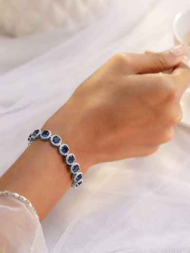 Rubans Rhodium-Plated Blue Sapphire & Cubic Zirconia Studded Tennis Bracelet Wristwear