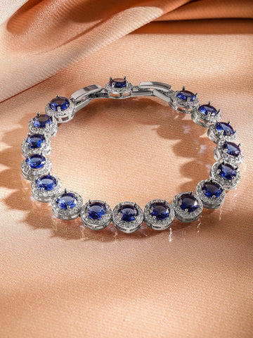 Rubans Rhodium-Plated Blue Sapphire & Cubic Zirconia Studded Tennis Bracelet Wristwear