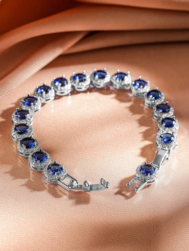 Rubans Rhodium-Plated Blue Sapphire & Cubic Zirconia Studded Tennis Bracelet Wristwear