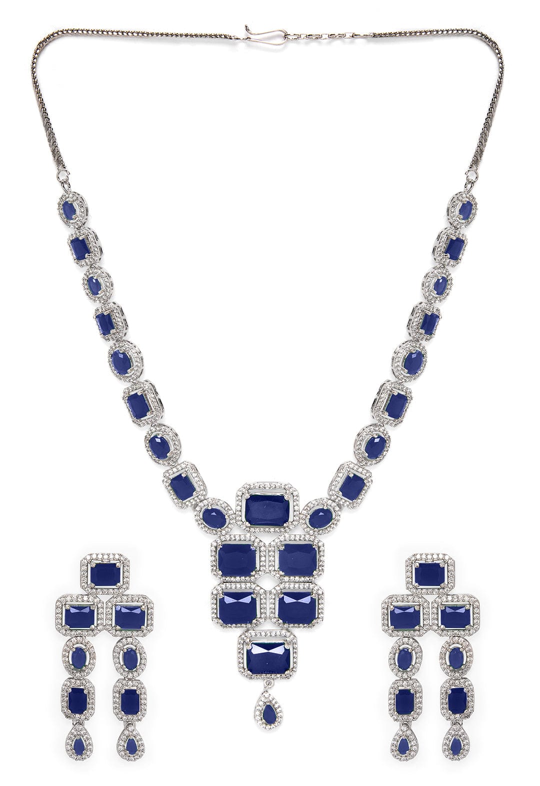 Rubans Rhodium Plated Blue Sapphire & CubicZirconia Studded Premium Statement Necklace Set Necklace Set