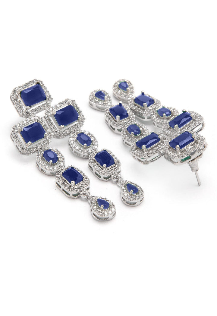 Rubans Rhodium Plated Blue Sapphire & CubicZirconia Studded Premium Statement Necklace Set Necklace Set