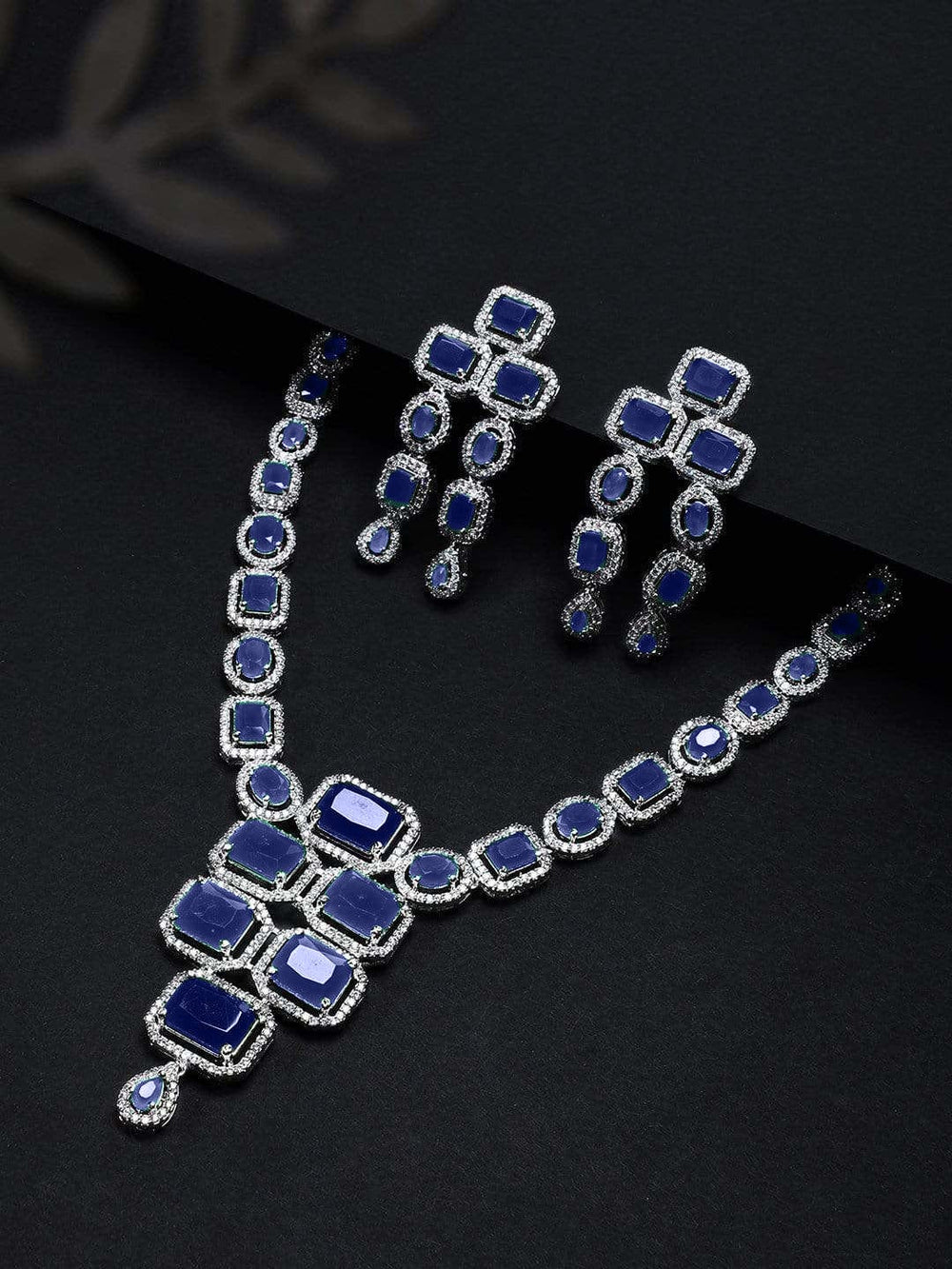 Rubans Rhodium Plated Blue Sapphire & CubicZirconia Studded Premium Statement Necklace Set Necklace Set