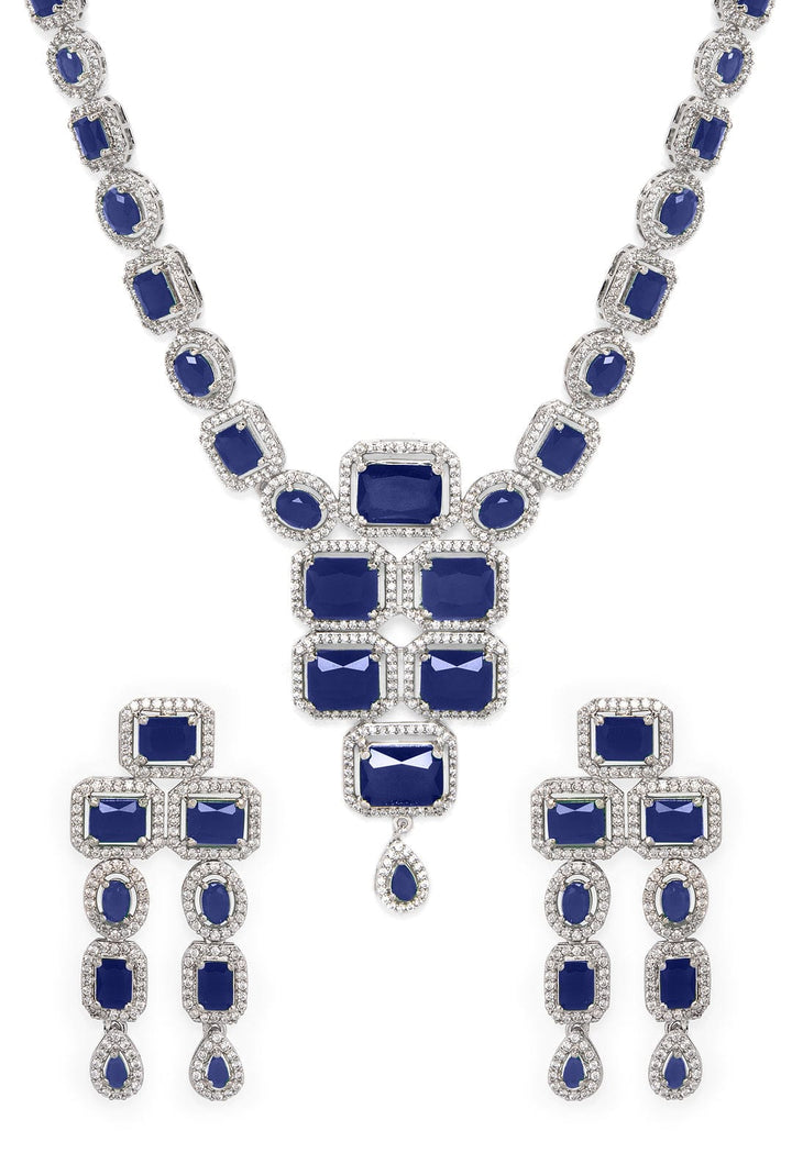 Rubans Rhodium Plated Blue Sapphire & CubicZirconia Studded Premium Statement Necklace Set Necklace Set