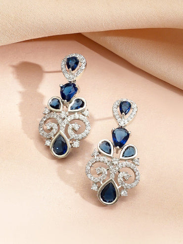 Rubans Rhodium-Plated Blue Sapphire Stone & Cubic Zirconia Floral Statement Necklace Set Jewellery Set
